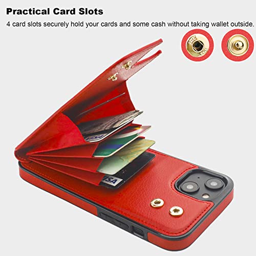 Folosu Compatible with iPhone 14 Plus Case Wallet with Card Holder, 360°Rotation Finger Ring Holder Kickstand, RFID Blocking Leather Protective Double Buttons Shockproof Cover 6.7 Inch Red - color: Red, size: iPhone 14 Plus