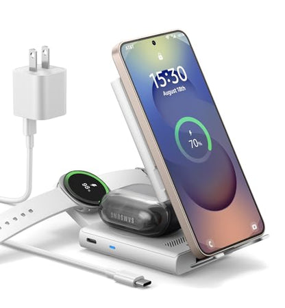 SURITCH for Samsung 3-in-1 Wireless Charging Station, Ultra-Portable Charging Dock Stand for Galaxy S26/S25/S24/S23/S22/S21/Note/Z Fold Flip, Galaxy Watch 8/7/6/5/4/3/Buds, White - color: White
