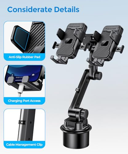 Dual Cup Holder Phone Mount for Car, 360° Adjustable Fits Two Phones - color: Double Clamp