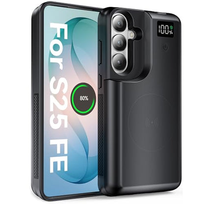 NEWDERY 10000mAh Battery Case for Galaxy S25 FE 6.7‘’ Charging Case Black | Portable Protective Backup Power Bank Battery Pack,Sync-Data Supported, Digital Display,Black