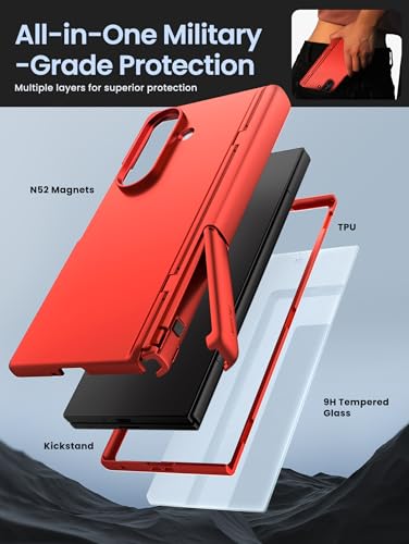 i-Blason for Samsung Galaxy Z Fold 7 Case MagSafe with Stand [9H+ Tempered Glass Screen Protector] [Hinge Protection] Wireless Charging Full-Body Protective Kickstand Case for Z Fold 7 (Red) - color: Red