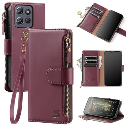 Shieldtop Compatible with Motorola Moto G Power 5G 2025 Wallet Case with Card Holder,Women Men RFID Blocking PU Leather Flip Phone Case Protective Cover Wrist Strap Zipper Credit Card Slots,Wine Red - color: Wine Red, size: Moto G Power 5G 2025 - 6.8"