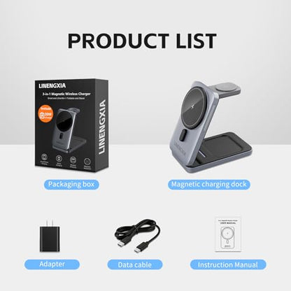 3-in-1 Adjustable Magnetic Charger, 15W for iPhone/Watch/AirPods - color: Grey