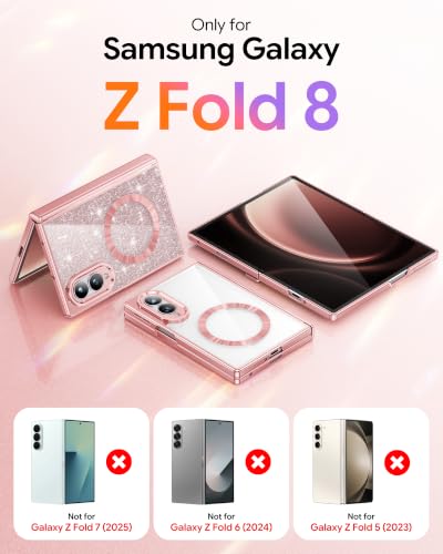 Meifigno for Samsung Galaxy Z Fold 8 Case Compatible with MagSafe,Rose Gold | Raised Camera Protection, Rugged Hinge Protection, Metallic Glossy Plated Edge & Crystal Clear Back, Detachable Glitter Card - color: Rose Gold, size: Z Fold 8