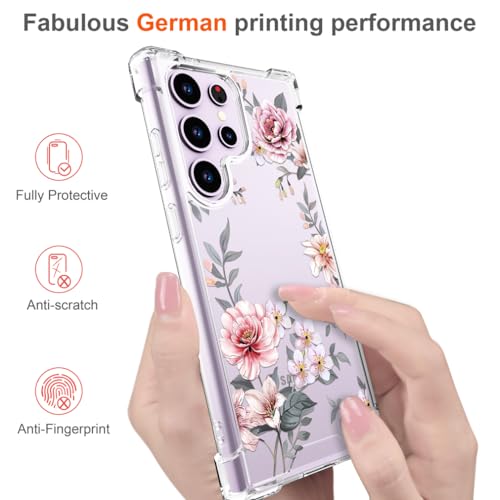 Hungo Galaxy S24 Ultra Case Floral Flower Clear with Design Cute, Girly for Women Girls Floral Transparent Case Compatible with Samsung Galaxy S24 Ultra Pink Lily - color: Pink Lily