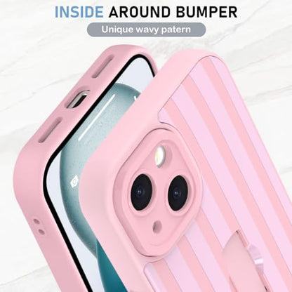 KANGHAR Compatible with iPhone 15 Case Stripes Pattern -Pink | Silicone Cute, Wristband Kickstand Camera Protection Soft Slim Cover for Girls Women - color: Pink-Stripes, size: iPhone 15