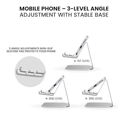 Phone Stand for Desk | 3 Position Adjustable Metal Smartphone Stand | Silver Cellphone Holder for Desk | Universal Phone Mount for Desks Compatible with Smarphones, Android | Cell Phone Accessories - style: N
