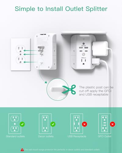 Mifaso Outlet Extender with Shelf and Night Light, 1800J Surge Protector - color: White, size: 2C2A