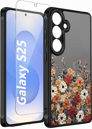 for Samsung Galaxy S25 Case Clear Cute Flowers,Galaxy S25 Case Floral with Screen Protector [Camera Protection] Slim Shockproof Cover for Samsung S 25 Phone Case for Women Girly, Matte Black - color: Matte Black, size: S25 Case