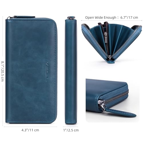 VISOUL Leather Long Zipper Pouch Wallet for Men and Women with RFID Blocking, Large Clutch Cash Long Wallet with Zipper (Navy Blue) - color: Navy Blue