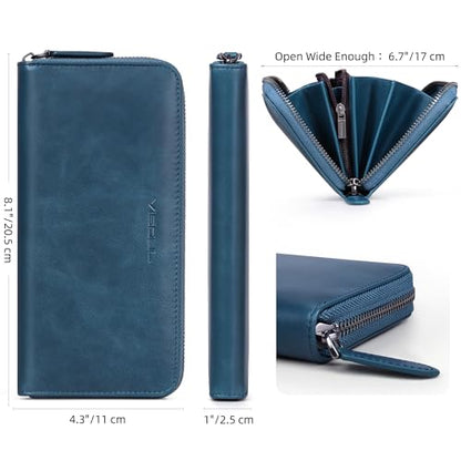 VISOUL Leather Long Zipper Pouch Wallet for Men and Women with RFID Blocking, Large Clutch Cash Long Wallet with Zipper (Navy Blue) - color: Navy Blue