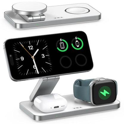 VBA 3 in 1 Wireless Charging Station for Apple MagSafe Charger,Foldable Fast Charging Magnetic Wireless Charger Stand,Travel Charger for iPhone 17 Air 16 15 14 13 12,Apple Watch,AirPods Pro(White) - color: White