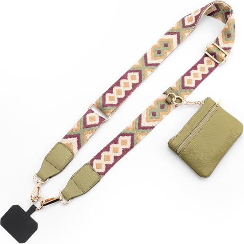 Diaclara Clip and Go Phone Strap with Zipper Pouch- Portable Stylish Crossbody Adjustable Lanyard with Wallet for All Phones, Green - color: Simple Green