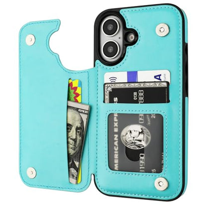 ONETOP for iPhone 16 Wallet Case with Credit Card Holder,LightBlue | Kickstand,ID/Cash Holder,Case Wallet with Card Slots,Double Magnetic Clasp,Durable PU Leather Shockproof Cover for Women Men - color: Light Blue