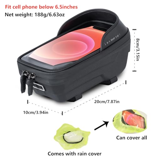 Waterproof Bike Frame Bag - MTB/Road Bike Top Tube Phone Holder | for Phones Under 6.5" Universal Bicycle Phone Pouch with Rain Cover & Shockproof Design, Commuter Cycling Accessories