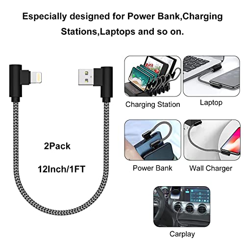 iPhone Charger 1ft 90 Degree MFi Certified Short Lightning Cable 2-Pack - color: Black Grey