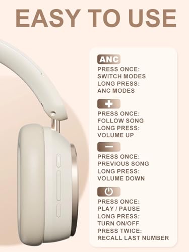 Hi-Fi Stereo Wireless Headphone Active Noise Cancellation Bluetooth 5.3 Headset with Detachable Microphone Ultra Comfortable and Full Ear Coverage Lightweight Foldable Earphone - color: Beige