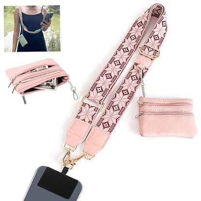 Clip and Go Strap for Phone with Wallet Crossbody, Adjustable Phone-Lanyards with Wallet, Phone Lanyard with Zippered Pouch, Crossbody iPhone Straps for All Phones, Pink - color: Pink