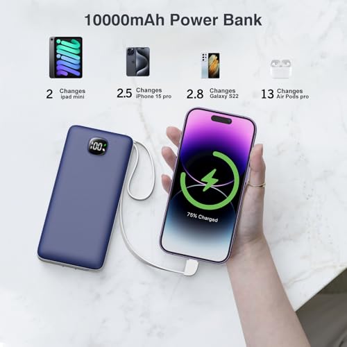 Portable Charger 10000mAh 22.5W Power Bank,Built-in 3 Cables & AC Wall Plug - color: Navy