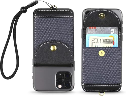 Cell Phone Wallet for Back of Phone with Wrist Strap, Stick On Wallet Credit Card ID Holder with RFID Protection Compatible with iPhone, Galaxy & Most Smartphones and Cases Navy - color: Navy