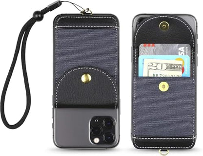 Cell Phone Wallet for Back of Phone with Wrist Strap, Stick On Wallet Credit Card ID Holder with RFID Protection Compatible with iPhone, Galaxy & Most Smartphones and Cases Navy - color: Navy