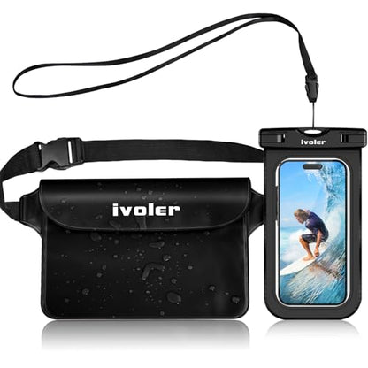 ivoler 2-Pack Waterproof Fanny Pack & Phone Pouch, Dry Bag for Passport, Phone & Wallet, Floating Waterproof Phone Case for Beach, Swimming, Kayaking, Boating, Cruise Essentials & Travel, Black - color: Black