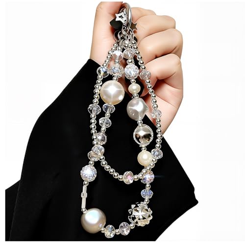 Luxury Pearl Phone Wrist Strap Crystal Diamond Beaded Keychain Wristlet for Phone Chain Wristlet Glitter Rhinestone Cellphone Lanyard Dual Chains Phone Strap Wrist Keychain Bag Charms for Handbags