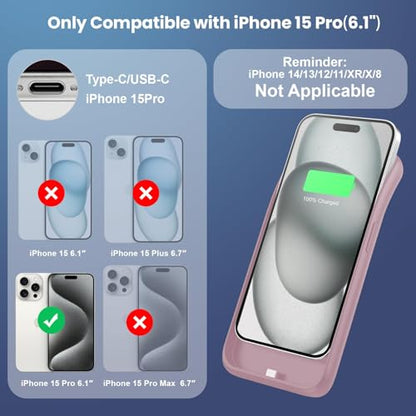 Feob Battery Case for iPhone 15Pro (6.1Inch), Real 7500mAh Ultra Slim Portable & 15W Fast Charging, Rechargeable Protective Extended Charger Case Cover Only for iPhone 15Pro Charging Case-Pink - color: Pink