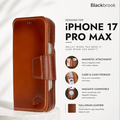 BLACKBROOK Detachable Leather Wallet Case for iPhone 17 Pro Max | Handmade Folio Wallet Design, RFID Blocking, 3 Card Slots, Visible ID, Kickstand - color: Burnished Tan, size: iPhone 17 Pro Max