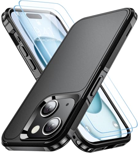 for Apple Recommend Shockproof iPhone 15 Case,[15 FT Military Grade Drop Protection],with 2X [Kevlar® 9H Glass Screen Protector] Air Bumpers Full-Body Protective Case (Black, iPhone 15) - color: Black