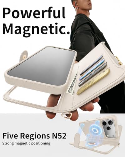 for iPhone 17 Pro 2-in-1 Magnetic Crossbody Wallet Case + Wrist Strap | Wireless Charging After Wallet Removal, Detachable Crossbody/Wrist Straps, Landscape Stand, Card Holder and Zipper Pocket - color: Cream apricot, size: iPhone 17 Pro