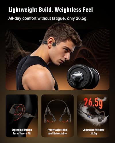 Bone Conduction Headphones, 14H Playtime Bluetooth 6.0 Open-Ear Earbuds with Mic, IPX5 Waterproof Lightweight Headset, Wireless Sport Earphones for Running, Gym Workouts(Gray Black)