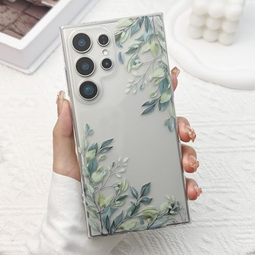 for Samsung Galaxy S24 Ultra Case, Green Leaves | Cute Floral Flowers Clear Aesthetic Green Leaves Pattern Case for Women Girls,Slim Soft Shockproof Cover for S24 Ultra - color: Green Leaves, size: for Samsung Galaxy S24 Ultra
