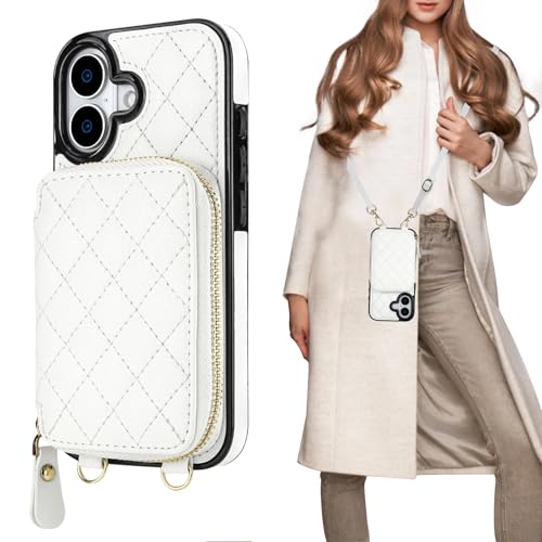 Bocasal Crossbody Wallet Case Card Holder for iPhone 17, White | RFID Blocking PU Leather Zipper Handbag Purse, Kickstand Flip Folio Case with Card Slots Holder Wrist Strap Lanyard 6.3 Inch - color: White