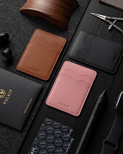 VULKIT Stick on Card Holder Compatible for iphone Leather Cell Phone Wallet Credit Card Case Strong Sticker for Women - color: Black