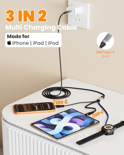 Multi Fast Charging Cable for Apple Watch - 100W Dual USB C Fast Charging Cable for iPhone 17/16/15/14/13/iWatch, 3 in 2 Portable Watch Charging Cord with 2 USB C and iWatch Charger Port, 6.5FT