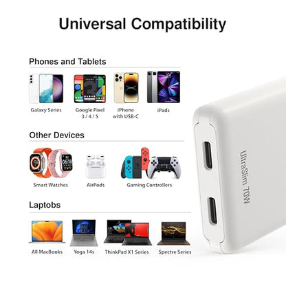 UltraSlim 70W GaN II Dual USB-C PD Wall Charger - Compact Flat Plug Adapter with Foldable Design, Intelligent Power Allocation & Fast Charging for Laptops & Phones - White - color: White