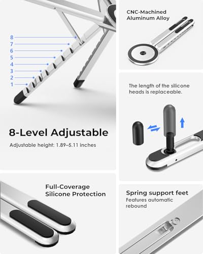 Viozon Portable Laptop Stand for Desk, Foldable Adjustable Computer Riser with Magnetic Phone Holder, Aluminum Laptop Stand for 10–16” Laptops & 4–13” Phones/Tablets (Silver) - color: Silver
