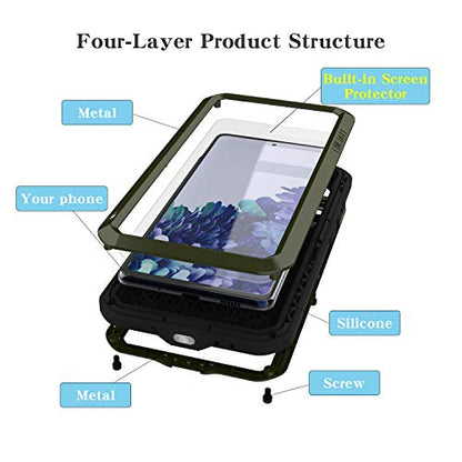 LOVE MEI Military Rugged Case for Samsung Galaxy S20 FE 5G, with Glass Screen Protector, Shockproof Dustproof Scratch Proof Hybrid Alloy and Silicone Gel Heavy Duty Full Body Cover Green - color: Green