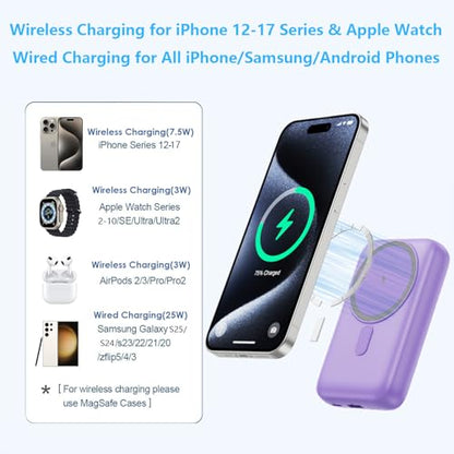 Pxwaxpy Magnetic Portable Charger 10800mAh,4-in-1 Power Bank with iWatch Charger, 25W PD Fast Charging USB C Battery Pack for Magsafe,iPhone 17/16/15/14/13/12 Series,Apple Watch (Purple) - color: Purple