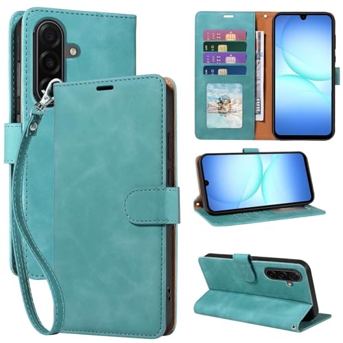 Wallet Case for Samsung Galaxy A17, RFID Blocking (Green) | 4 card slots with ID window, cash pocket, wrist strap, stand function, magnetic closure, flip PU leather, TPU inner shell - color: Green