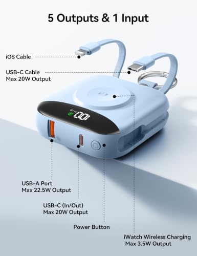 Portable Charger 10000mAh 22.5W Power Bank Built-in 2 Cables Keychain | Charge 5 Devices, TSA approved, Travel Fast Charging Battery Pack for iPhone Samsung Google Android & iWatch Charger, Blue - color: Blue