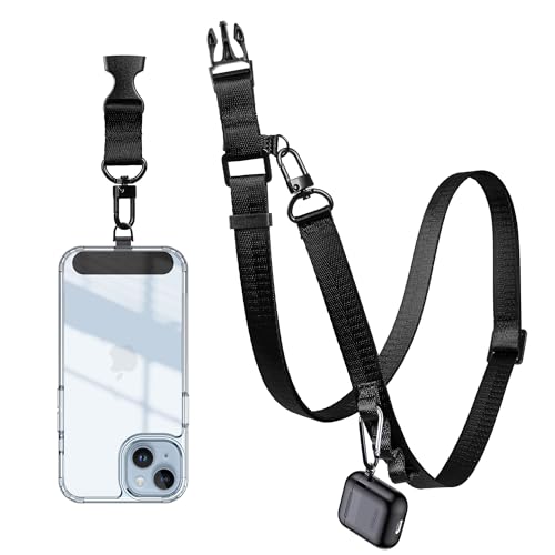 Cell Phone Lanyard Crossbody - Adjustable Nylon Strap Grey, Anti-Theft Lock Hook, Universal Fit (4-7" Screens) - color: Black