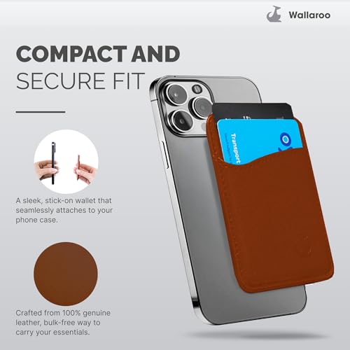 Wallaroo Premium Leather Cell Phone Wallet Stick On - Android and iPhone Wallet and Card Holder for Women and Men - Durable with Non-Slip Lining Secures Up to 3 Cards - color: Brown Leather