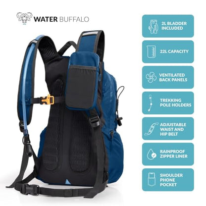 Water Buffalo Sherpa 22L Hiking Hydration Backpack, 2L Bladder | Hiking Backpack with Water Bladder, Waterproof Zippers, Phone Compartment, Trekking Pole Holders, Padded Straps - color: Navy Blue
