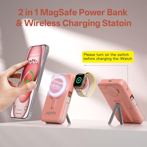 Magnetic Portable Charger Built-in Cables,10000mAh Fast Charging Wireless Charger Station External Battery Pack Slim Pocket Size Power Bank with Stand Compatible with iWatch, iPhone - color: Pink