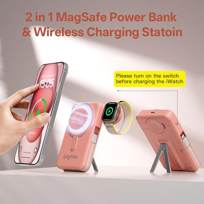 Magnetic Portable Charger Built-in Cables,10000mAh Fast Charging Wireless Charger Station External Battery Pack Slim Pocket Size Power Bank with Stand Compatible with iWatch, iPhone - color: Pink