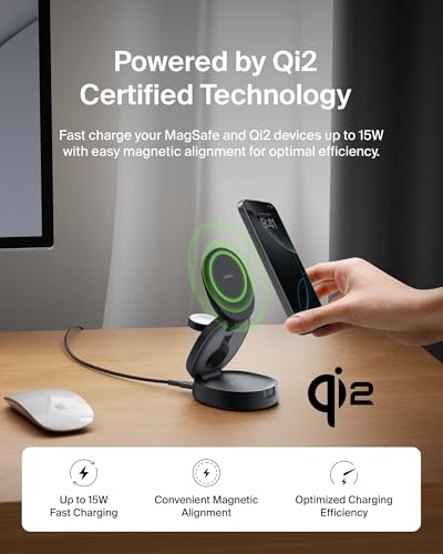Belkin Qi2 15W Wireless Fast Charging Station, 3 in 1 iPhone Charger - color: Black, style: 3 in 1