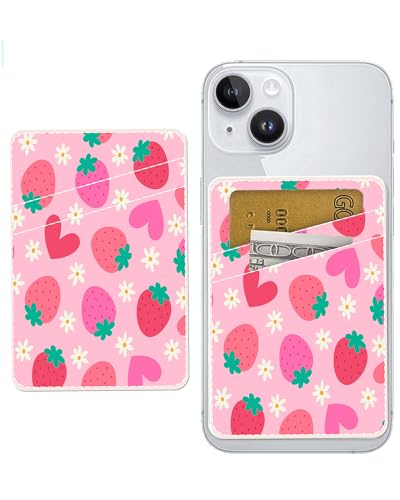 Dual Pocket Leather Phone Wallet Adhesive Stick On, Cute Strawberry Card Holder - color: Cute Strawberry
