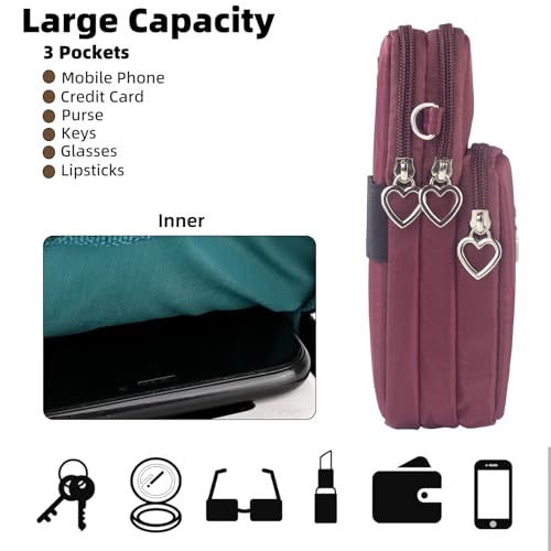 Small Crossbody Bag for Women - Mini Phone Purses with Crossbody Strap and Wallet - Nylon Arm Bag - color: A-wine Red